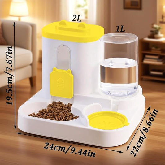 Cat Feeder and Water Dispenser, 2 in 1 Automatic Cat Feeder, 2 Pack Large Capacity Self Feeding for Small Medium Dog Puppy Kitten (Yellow)