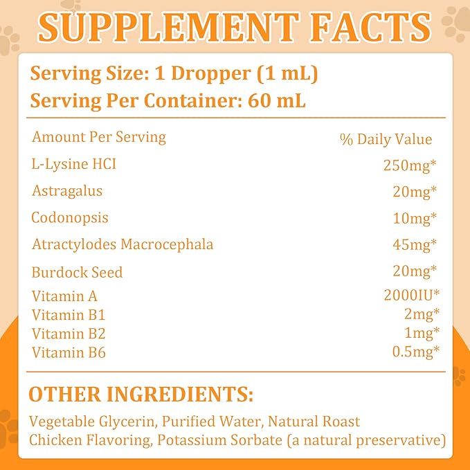 L-Lysine Supplement for Cats – Immune & Respiratory Support – 60ml Cat Lysine Drops with Roast Chicken Flavor – Supports Eye & Nose Health