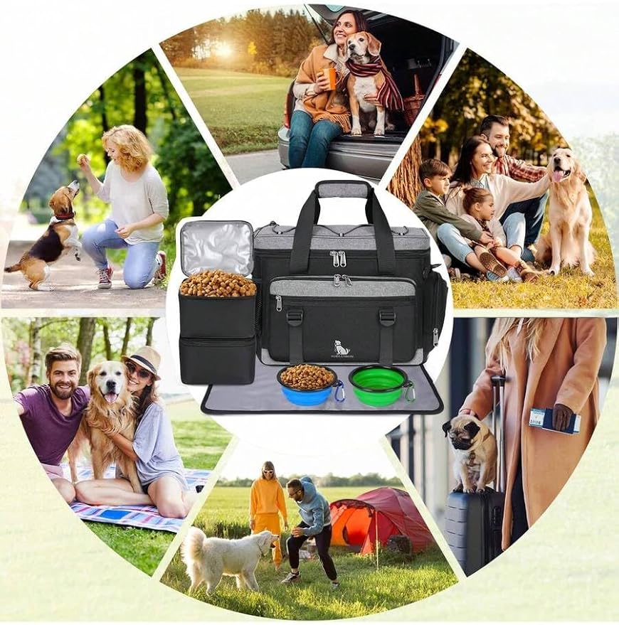 Premium Large Dog Travel Bag Weekend Pet Supplies Organizer Kit with 2 Extra Large Food Containers 2 Collapsible Bowls 1 Feeding Mat Multi Pocket (Black)