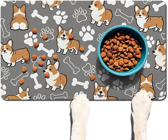 Absorbent Dog Food Mat for Floors, Non-Slip Pet Feeding Mat for Food and Water, Quick Dry Cat Bowl Placemat with Cute Corgi Pattern, No Stains Puppy Water Mat, Pet Supplies (Grey, 12" x 20")