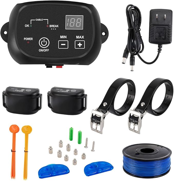 Electric Dog Fence, Wired Pet Containment System, Aboveground/Underground Installation, 650 Ft Wire, IP66 Waterproof Rechargeable Collar, Shock/Tone Correction Mode, 2 Collars