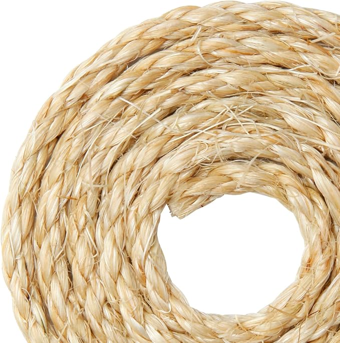 Natural Sisal Rope 1/4 Inch by 49-Feet for Cat Scratching Post Tree Tower Replacement Repair and Replace, DIY Hemp Twine Rope for Kittens Shelves Furniture Window Bed Perch Climbing, 6mm by 15m