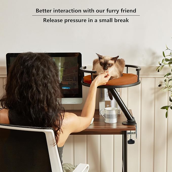 Cat Desk Bed - Desktop Attachment Cat Perch for Home Office, Spinnable Indoor Mounted Desk Bed, Elevated Nest for Work, Kitten Furniture Accessories(Black)