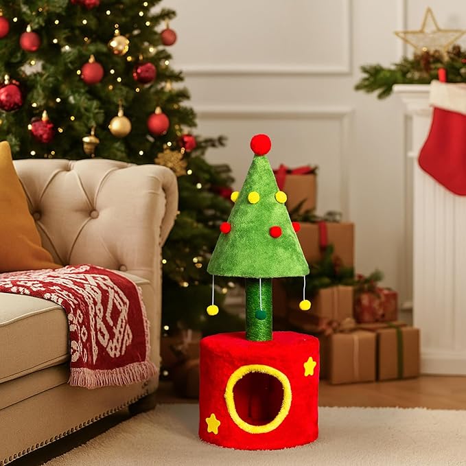 30in Cat Scratching Post with Cat House for Indoor Kitten, Small Cat Tree Tower with Sisal Post and Cute Hanging Balls, Red & Green