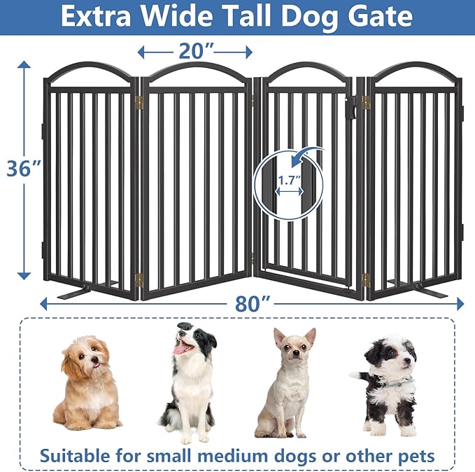 Malier Metal Freestanding Dog Gates with Door, 36'' Height Outdoor Indoor Dog Fences, Extra Wide Foldable Puppy Gate for Stairs (Black, 【4 Panels with Door】 80''W × 36''H)