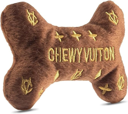 Dog Diggin Designs Chewy Vuiton Plush Dog Toy Bone | Luxury-Inspired Parody Designer Bone with Squeaker, Soft Plush Chew & Play Dog Toy – Prêt-à-Porter Play!