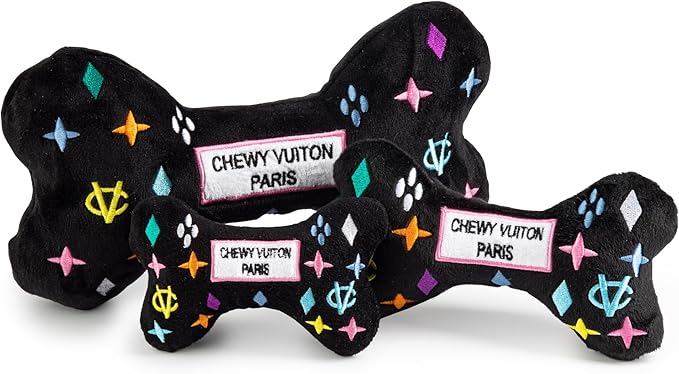 Haute Diggity Dog Black Monogram Chewy Vuiton Bone, Plush Designer Dog Toys with Interactive Squeaker, Stimulating Pet Enrichment, Machine-Washable & Safe Materials for All Breeds, Size Small
