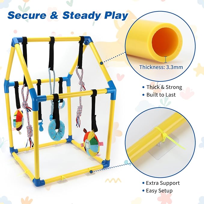 Puppy Play Gym with 8 Hanging Toys, Indoor Jungle Gym Toys for Small Dogs with PVC Frame, Interactive Puppy Toy with Bungee Straps for Entertainment Funny Teething and Mental
