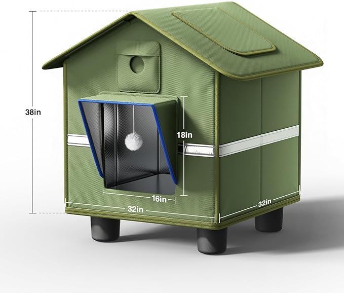 Heated Outdoor Cat House for Outside with Cat Toys and Roof Window Feral Stray Shelter Weatherproof in Garage Yard Porch (with Dual Camera Ports)