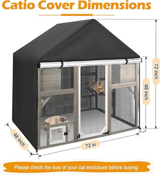 Catio Cover,72" L x 48" W x 72" H Cover for Catio Outdoor Cat Enclosure Waterproof, 420D Cat Cage Covers for PetsCosset Catios, Outdoor Cats Enclosure Covers(Black)(Catios Not Included)