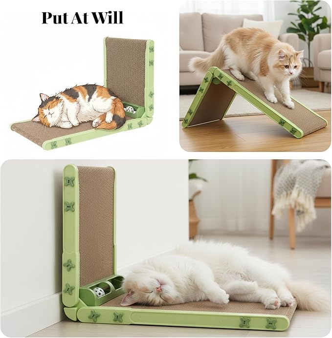 L Shape Cat Scratcher, 26.8 Inch Cat Scratchers for Indoor Cats, Protecting Furniture Cat Scratch Pad, Cardboard Cat Scratching with Ball Toy, Catnip, Large (Green)