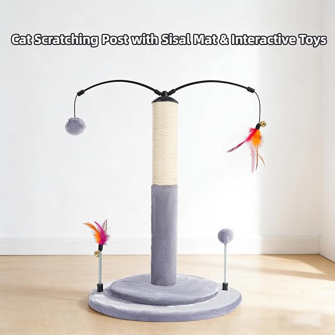 YUNIQUE Cat Scratching Post with Sisal Rope, Small Cat Tree with Dangling Balls & Feather for Kittens (Grey, 20.9‘’)