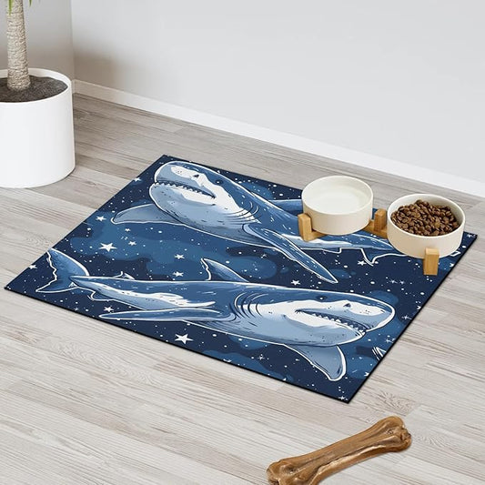 Sharks Dog Food Mat for Floors Absorbent Dog Bowl Mat for Food and Water Dispenser Quick Dry Cat Food Placemat Pet Supplies 12" x 20", Starry Star