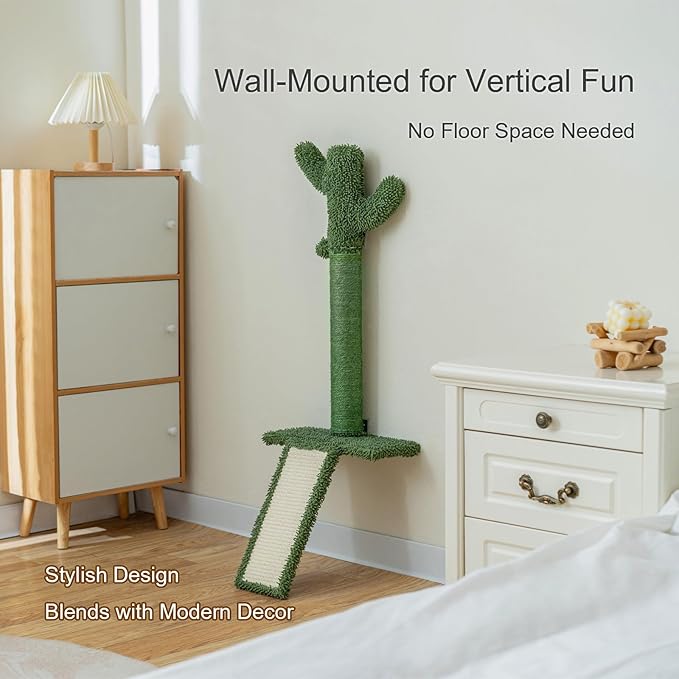 Cactus Wall-Mounted Cat Climbing Tree β Heavy-Duty Sisal Scratching Post with Slanted Board & Hanging Toy β Drill-Mount for All Wall Types, Space-Saving Decorative Cat Furniture