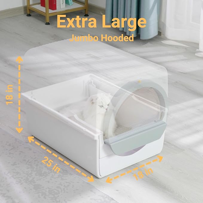Mechanical Self-Cleaning Cat Litter Box, White/Gray, Anti-Tracking Design with Pull-Push Operation, Detachable Rake, Odor Control, Compatible with Small-Grain Litter,Extra Large