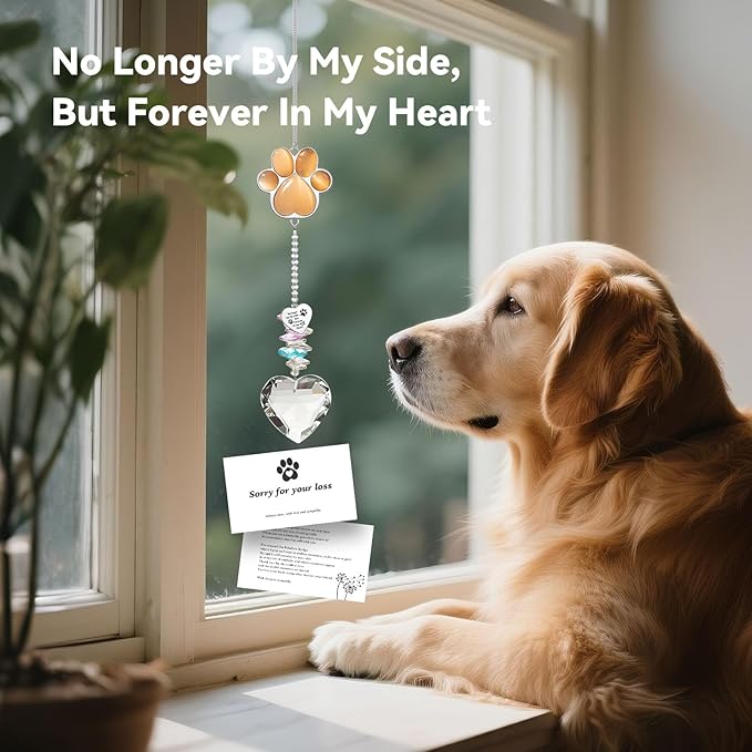 Pet Memorial Suncatcher - Dog Memorial Gifts, Pet Loss Sympathy, Thoughtful Dogs and Cats Bereavement Remembrance Gifts, Natural Cat's Eye Paw Crystal Suncatcher(Orange Red)