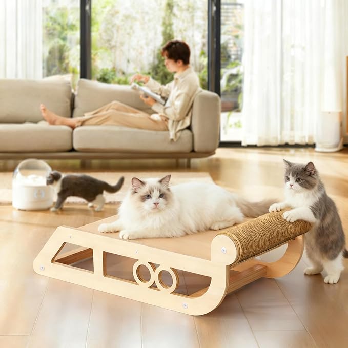 Cat Scratching Post with Cozy Bed, Sled Shaped Wooden Cat Bed for Indoor Cats,Small Dogs and Rabbits, Side Cat Scratching Post with Perch, Durable Cat Activity Furniture for Kittens & Large Cats