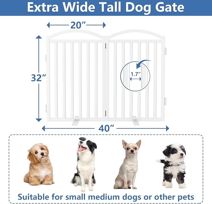 Malier Metal Freestanding Dog Gates with Door, 32'' Height Outdoor Indoor Dog Fences, Extra Wide Foldable Puppy Gate for Stairs (White, 【2 Panels】 40''W × 32''H)