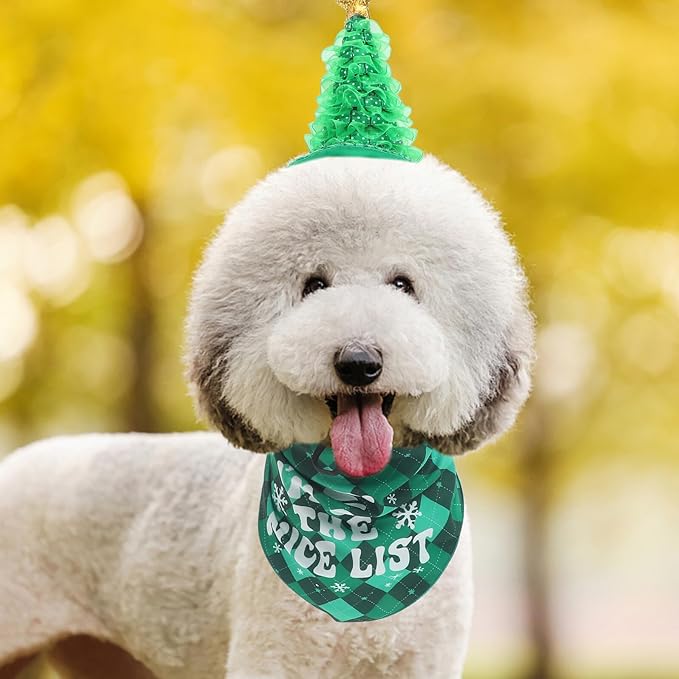 Garneck Christmas Dog Hat and Plaid Bandana Set, Soft Adjustable Pet Xmas Costume, Small Pet Scarf for Holiday Party Supplies