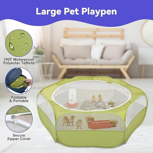 Pawaboo 5-in-1 Chicken Brooder Box for Chick Starter Kit, Includes Pet Cage Tent, Chicks Perch, Chick Feeder, 1.1L Chicks Waterer, Chicken Supplies (Brooder Set), Green + Red + Wood Color