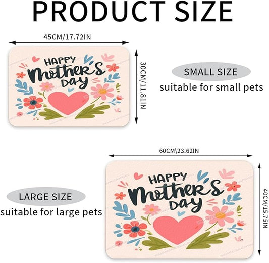 Pet Feeding Mats with Residue Collection Happy Mother's Day Floral Gift for Mom Fo Waterproof Dog Cat Bowl Mat 24x16In with Prevent Water Food Spills