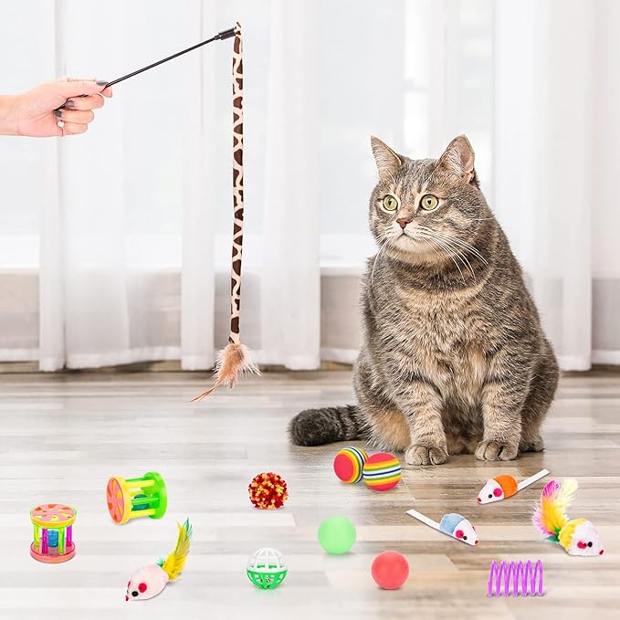 Retro Shaw 33Pcs Cat Toys for Indoor Cats Kitten, Collapsible Play Tunnel with Interactive Feather Wand, Bell Balls, Springs & Plush Mice Tent for Boredom Relief, Exercise & Kitty Hunting Instinct
