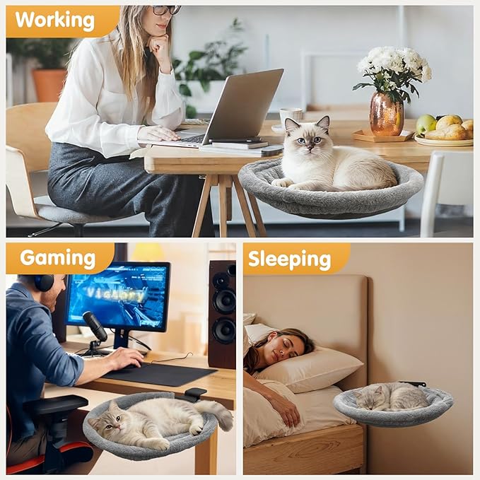 Cat Desk Bed, 2 in 1 Comfy & Space-Saving Cats Bed for Desk, Cat Desk Hammock with Dual-Sided Reversible Mat for Hard Wall and Various Desktops-Maximum Hold Up to 40lb