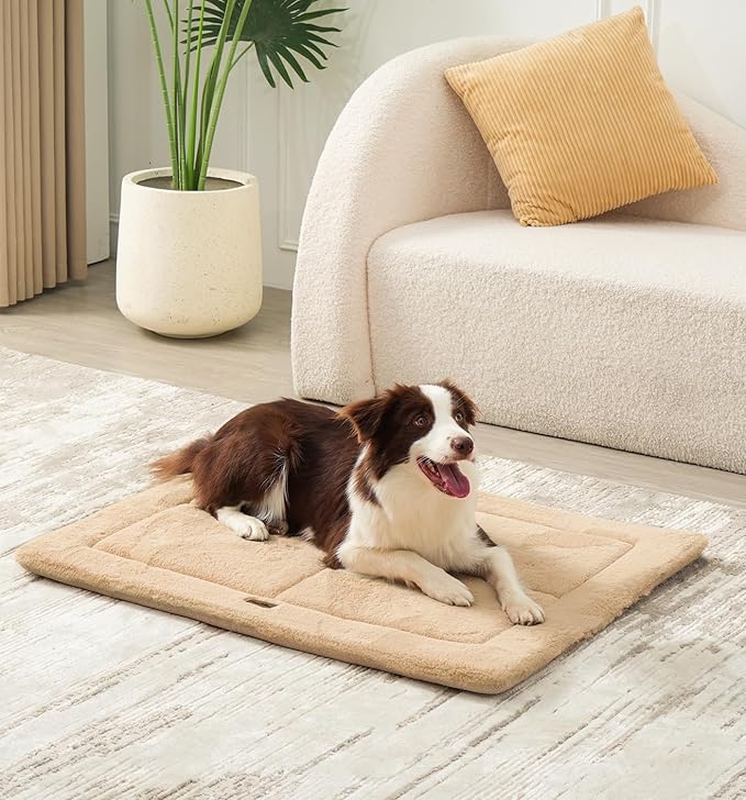 MADE 4 PETS Dog Crate Pad Bed for Large Dogs, Washable & Reversible, Anti-Slip Kennel Mat for Cozy Sleeping, Soft Fluffy Dog Bed for Indoor & Outdoor Use, 36"x27", Khaki