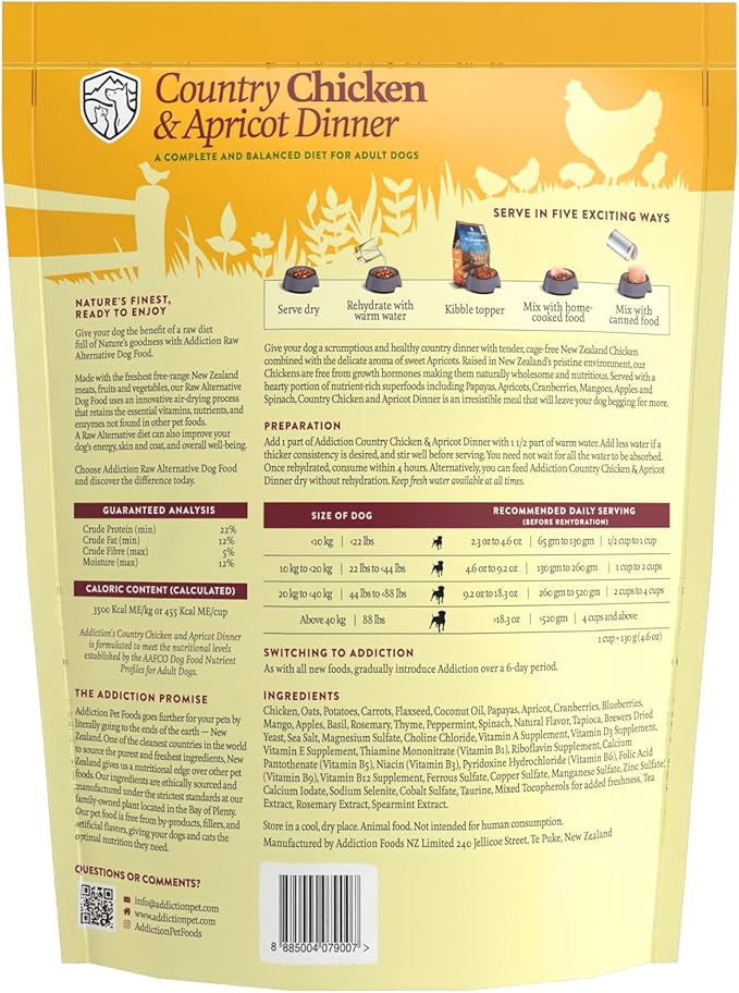 Addiction Country Chicken & Apricot Air-Dried Grain-Free Dog Food – Complete Meal or Topper with Natural Ingredients for Digestive and Skin & Coat Health, 2lb