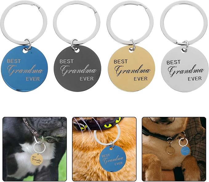 4 Pcs Stainless Steel Pet Id Tags Dog Name Tags with Keychain for Puppy and Cat Collar Round Engraved Custom Pet Supplies Multi-Color Pack