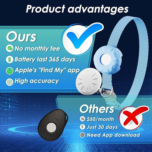 GPS Tracker for Cats, Compatible with Apple Find My App (Only iOS), No Monthly Fee Cat Tracker, Waterproof (White Tracker, Blue Cat Collar)