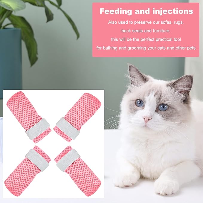 Anti-Scratch Cat Foot Covers - Adjustable Mesh Paw Protectors, Non-Slip, Breathable - Suitable for Family Pet Cat Bathing and Nail Cutting (4 Pieces, L, Pink)