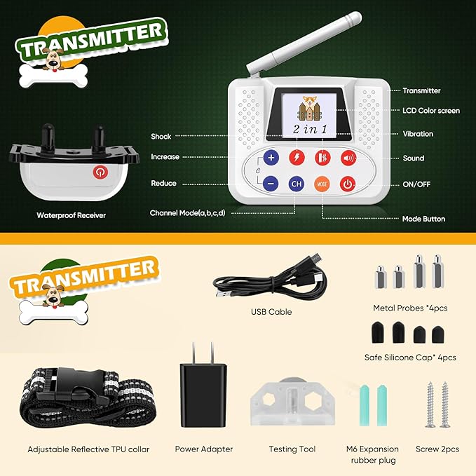 Wireless Dog Fence, 2026Electric Fence for Dog & Training Collar with Big LCD Screen, Portable Pet Wireless Fence with 2.4GPFC Antenna, Waterproof & Adjustable Dog Perimeter Collar (2 Dog System)