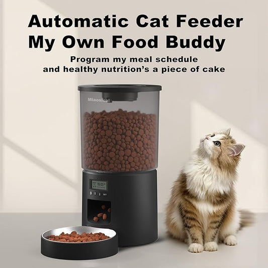 Automatic Cat Feeder 4.2L Cats,6 Meals/Day,Dual Power Portion Control Feeder,Dry Pet Food Auto Dispenser,Timer Setting,10S Voice Record (Transparent Black, Stainless Steel 2 Bowls)