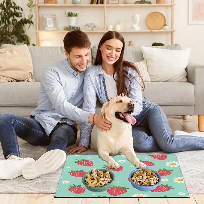 Strawberry Dog Food Mat for Floors Absorbent Dog Bowl Mat for Food and Water Dispenser Quick Dry Cat Food Placemat Pet Supplies 16" x 24", Daisy Flower