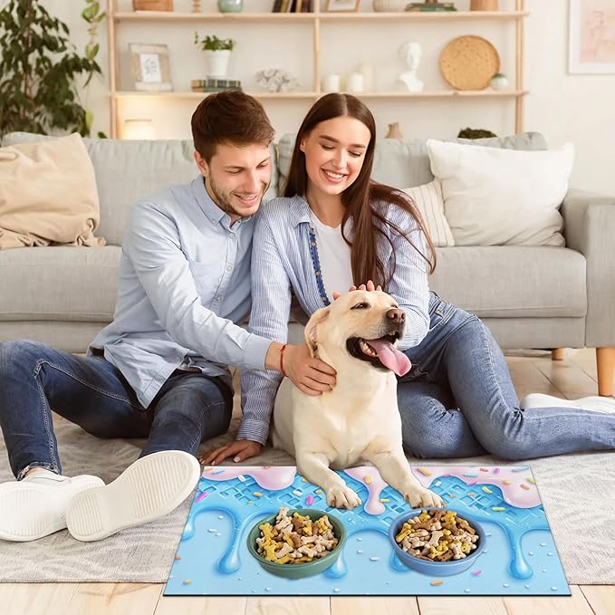 Ice Cream Dog Food Mat for Floors Absorbent Dog Bowl Mat for Food and Water Dispenser Quick Dry Cat Food Placemat Pet Supplies 17" x 30", Colorful Candy