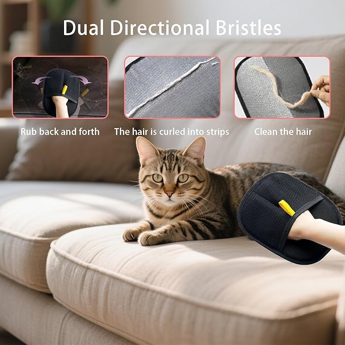 Pet Hair Removal Gloves, Dog Grooming Gloves&Cat Deshedding Gloves for Shedding Control, Electrostatic Hair Remover for Furniture, Couch, Car Seat, Reusable & Easy to Clean(Black 2Pcs)