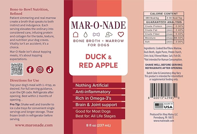 Bone Broth + Marrow Topper for Dogs - Duck & Red Apple, 8 fl oz - Grain-Free, AAFCO-Compliant, Small-Batch Nutritional Topper