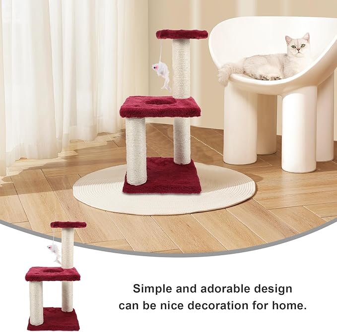 Multi-Layer Vertical Cat Scratching Post with Sisal Rope 3-Tier Burgundy Cat Climbing Tower and Mouse Sturdy Reusable Kitten Accessory and Resting Platform