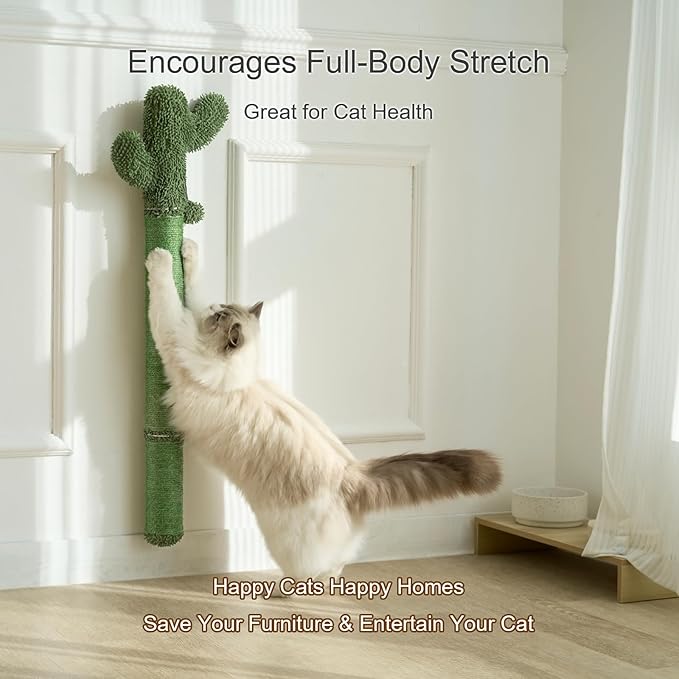 Wall Mounted Cat Scratcher, 35” Extra-Tall Vertical Sisal Scratching Post for Large Cats, Space-Saving Wall Cat Scratcher with Hanging Ball Toy, Cactus Design, Green