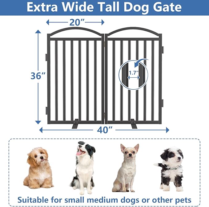 Malier Metal Freestanding Dog Gates with Door, 36'' Height Outdoor Indoor Dog Fences, Extra Wide Foldable Puppy Gate for Stairs (Black, 【2 Panels】 40''W × 36''H)