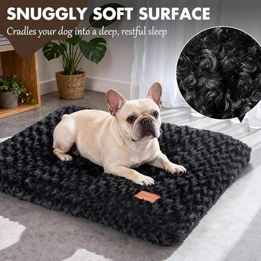 Dog Bed Crate Pad - Rosette Pattern White Velvet Pet Bed Anti-Slip Comfy Kennel Pad for Crates Rosette Black XL