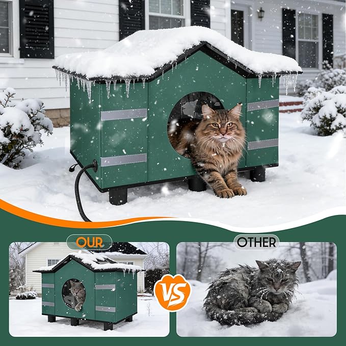 Heated Cat Shelter for Outside, Large Outdoor Cat House with Roof Window & Cozy Cushion Winter Insulated Weatherproof for Multiple Feral Kitties Small Pets Garage Yard Porch