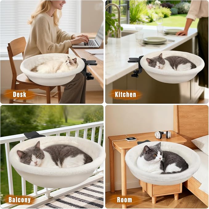 IPOW Heavy Duty Steel Frame 180° Rotating Cat Desk Bed Semi-Circular Cat Bed, Soft Faux Rabbit Fur Material, Suitable for Various Desktops-Maximum Hold Up to 40lb