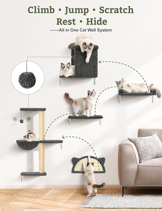 5-in-1 Cat Wall Shelves, Solid Wood & Velvet Wall Mounted Cat Furniture with Sisal Scratching Post, Holds Up to 44lbs, Fits Drywall & Solid Walls - Dark Gray