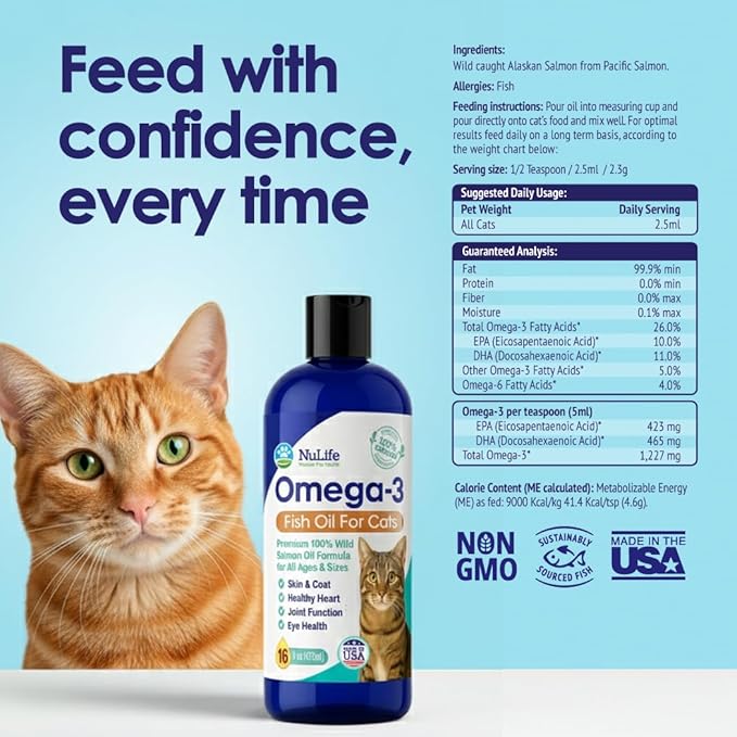 Premium Omega 3 Fish Oil for Cats - Wild Alaskan Salmon Oil Supplement for Skin and Coat - Liquid Cat Supplement for Shedding Control & Cat Dandruff - 16oz