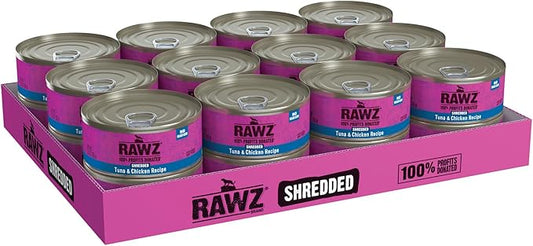 Rawz Natural Premium Shredded Canned Cat Wet Food - Made with Real Meat Ingredients No BPA or Gums - 5.5oz Cans 24 Count (Tuna & Chicken)