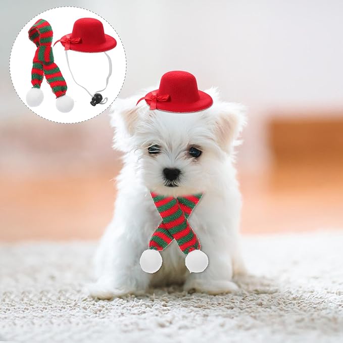 Mikikit Pet Dog Hat and Scarf Set Christmas Red Felt Hat with Red Green Knitted Scarf 2pcs Xmas Pet Costume Accessories for Holiday Party Supplies