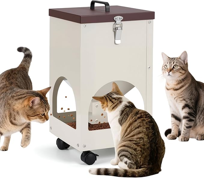 Automatic Cat Feeder for 4 Cats 5L Auto Cat Food Dispenser with Wheels for Puppies and Kittens, Multiple Cats Feeder Outdoor Large Capacity Galvanized Steel Gravity Pet Feeding Station