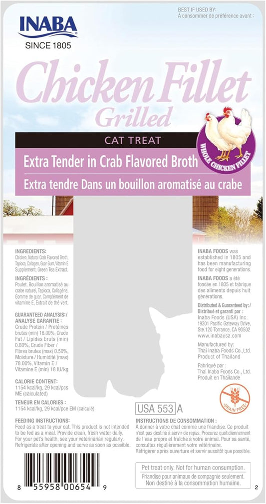 INABA Premium Hand-Cut Grilled Chicken Fillet Cat Treats/Topper with Vitamin E and Green Tea Extract, 0.9 Ounces Each, Pack of 6, Extra Tender Crab Broth